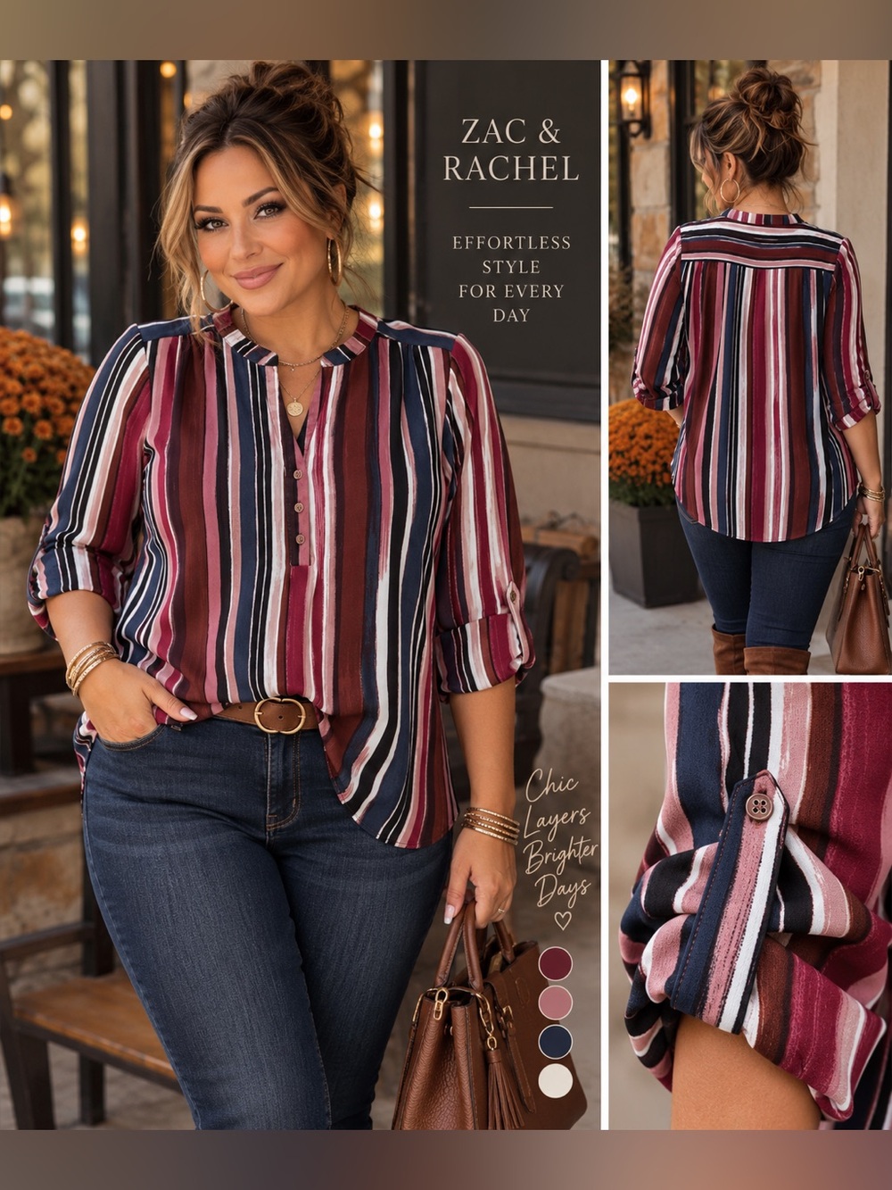 ZAC & RACHEL Striped Roll Tab Sleeve Blouse EUC